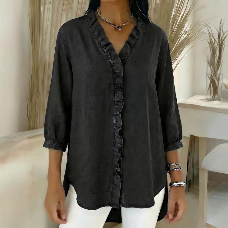 Women Fashion Casual Denim Ruffle V Neck Top Shirt S