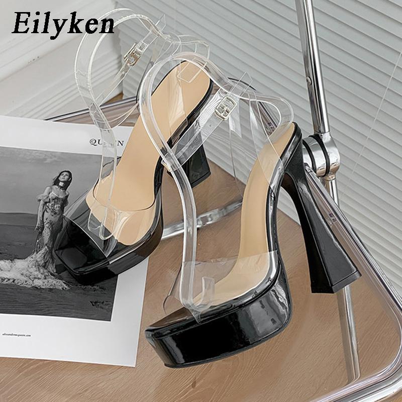 Fashion Eilyken Fashion Open Toe Platform High Heels Sandals Women Transparent PVC Ankle Strap Ladies Summer Party Nightclub Shoes Pumps