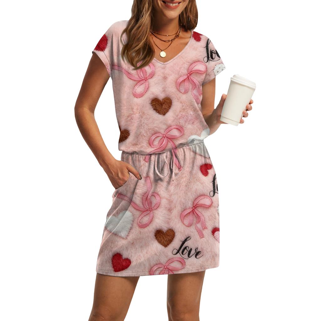 Women's V,Neck Short,Sleeve Drawstring Pocket Valentine's Day Print Casual Dress