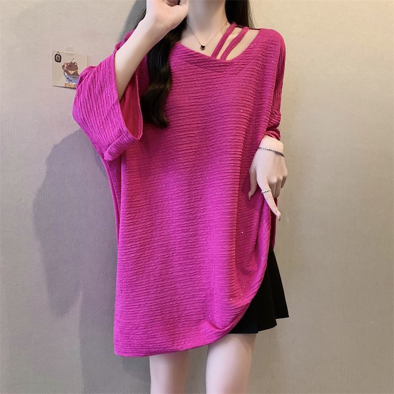 Large Size Shiny Texture Irregular Short Sleeved T-shirt Women's Summer New Loose Top