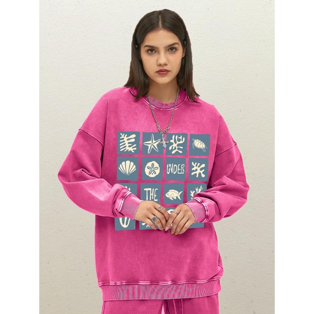 

Морские виды Комбинация Черепаховый панцирь Морские принты Женский пуловер Повседневный Хлопковый Выстиранный Свитшот Круглый вырез Свободный S