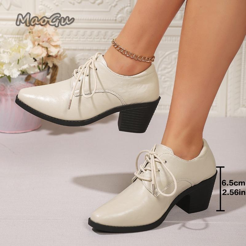 British Style Pointed Toe Lace Up High Heel Pumps for Women's Elegant Chunky Heeled Shoes PU Leather Autumn Office Lady Pumps