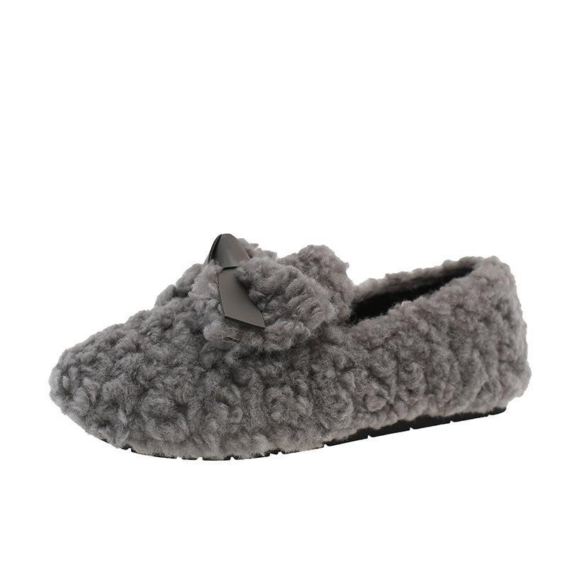 New Women's Single Shoes Wind One Pedal Fairy Bow Flat Bottom Velvet 2025 Fluffy Shoes Women's Warm Autumn and Winter Cotton Shoes