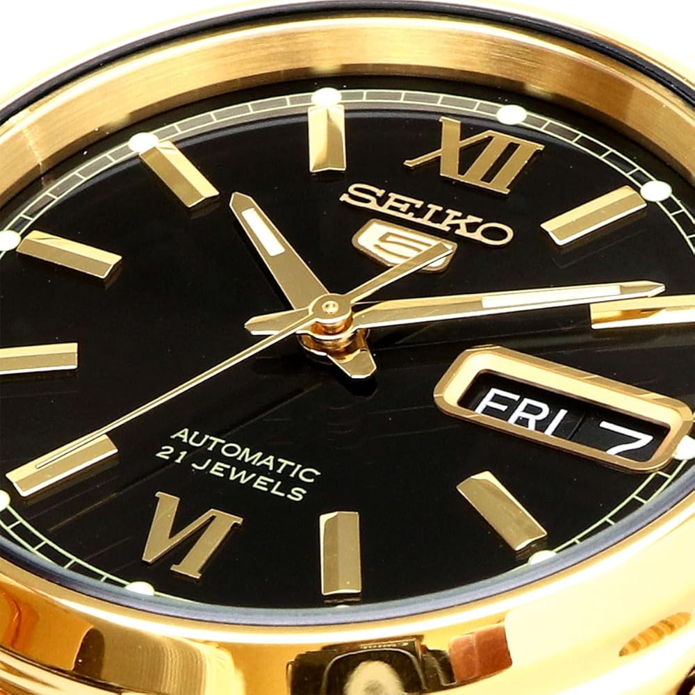 Seiko Five Automatic Men's Watch SNKK86K1 Gold Black Dial Stainless Steel 21 Jewels