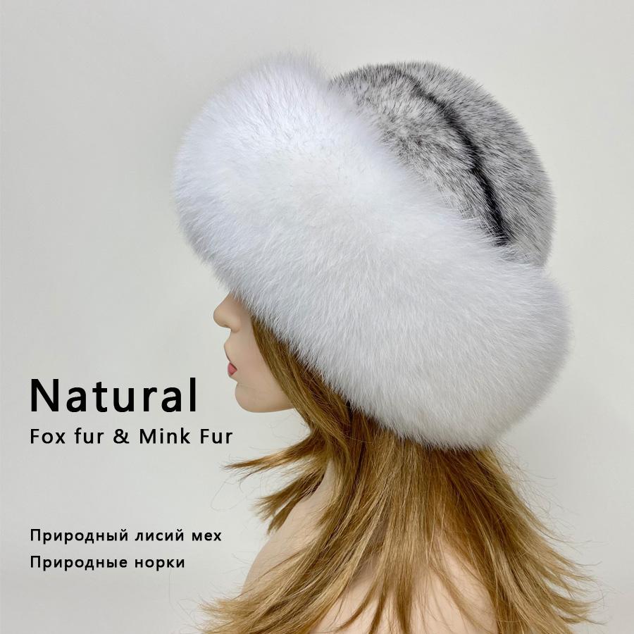 Real Fur Dome Hats for Women Natural Fox Mink Fur Cap Winter Luxury Warm Fashion Snow Hats