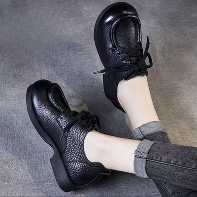 Spring Autumn Women's Muffin Soles Deep Mouthed Mid Heel Low Top Shoes with Cross Tie Round Rubber Thick Soles Casual Shoes
