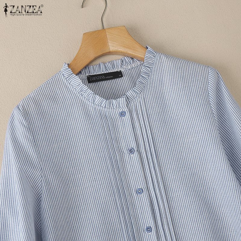 ZANZEA Women Round Neck Long Sleeve Casual Stripe Blouse