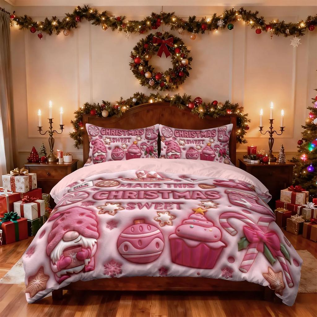 3pcs Pink Imitation Bedding Set Relief Christmas Dwarf Print Coreless Duvet Cover Set Soft Dormitory Bedroom Decor Multiple Size