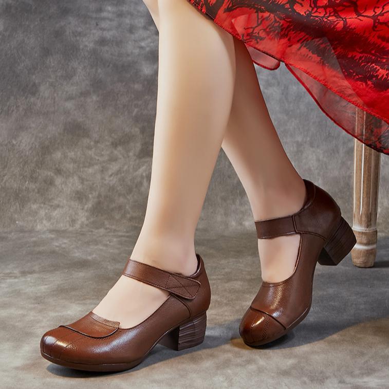 Johnature Women's Shoes Retro Thick Heels Soft Sole Versatile Genuine Leather Solid Color Pumps