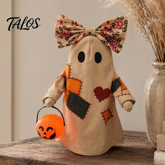 Soft Illuminated Ghost Statue Lighted Vintage Patchwork Ghost, Halloween Light Up Quilted Doll with Pumpkin Fabric Ornament Lantern, Rustic Farmhouse