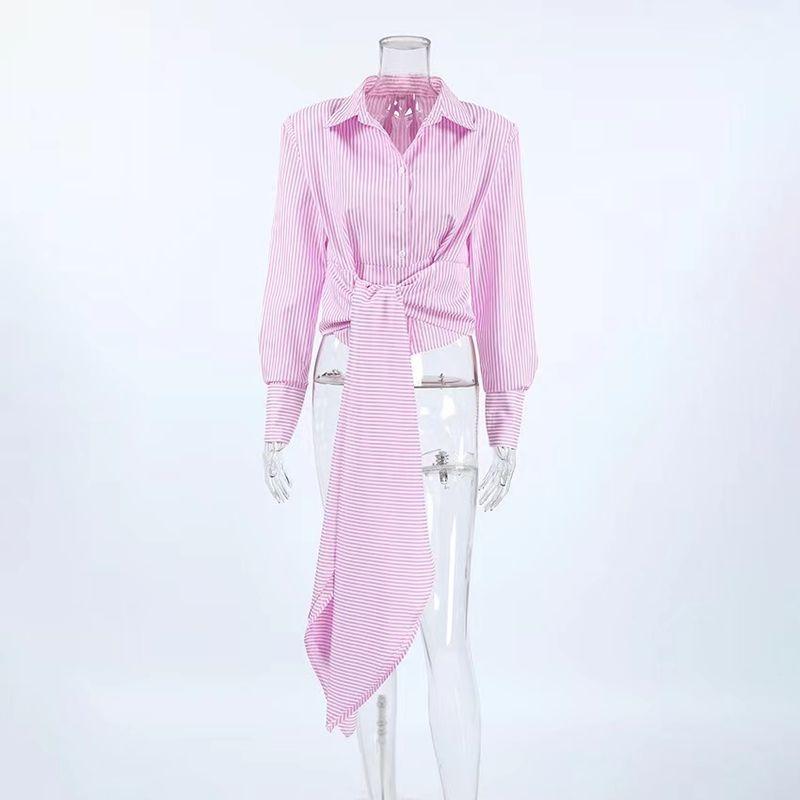 

Fall Fashion New Arrival Stripes Niche Design Lace-up Long Sleeve Shirt Striped Lace up Shirt Pink L