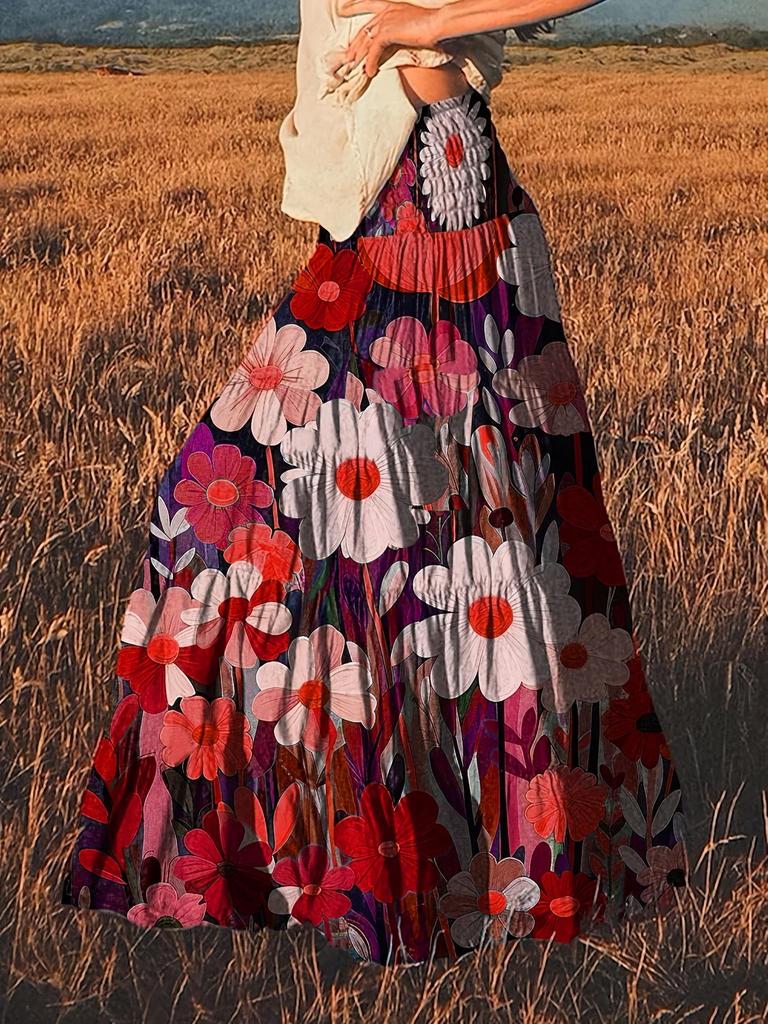 European & American Women's Floral Bohemian Half Skirt with Wide Hem & Elastic Waist
