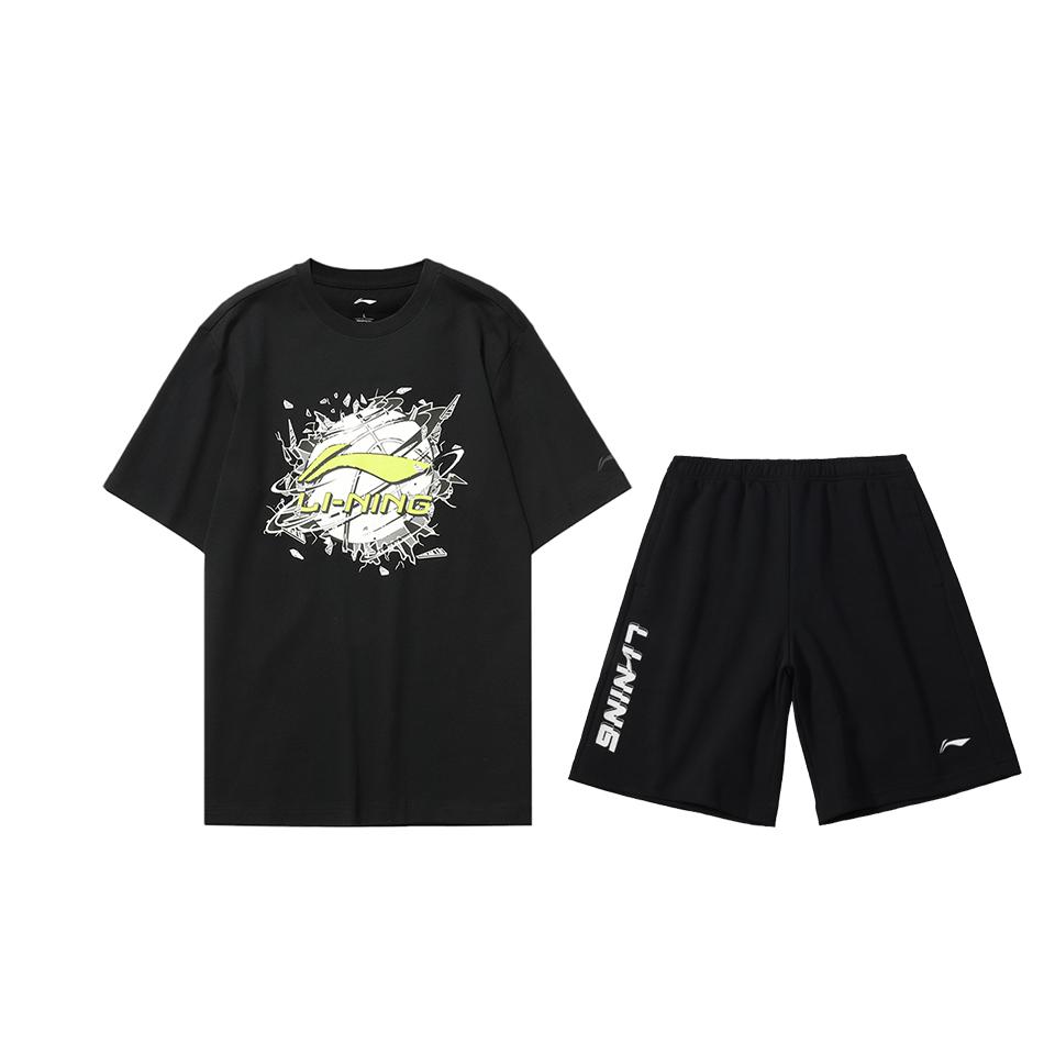 Li Ning American Vintage High Street Fashion Comfortable Simple Solid Color Letter Print Loose Versatile Casual Sports Suit AHSUA05-2+AKSU747-1