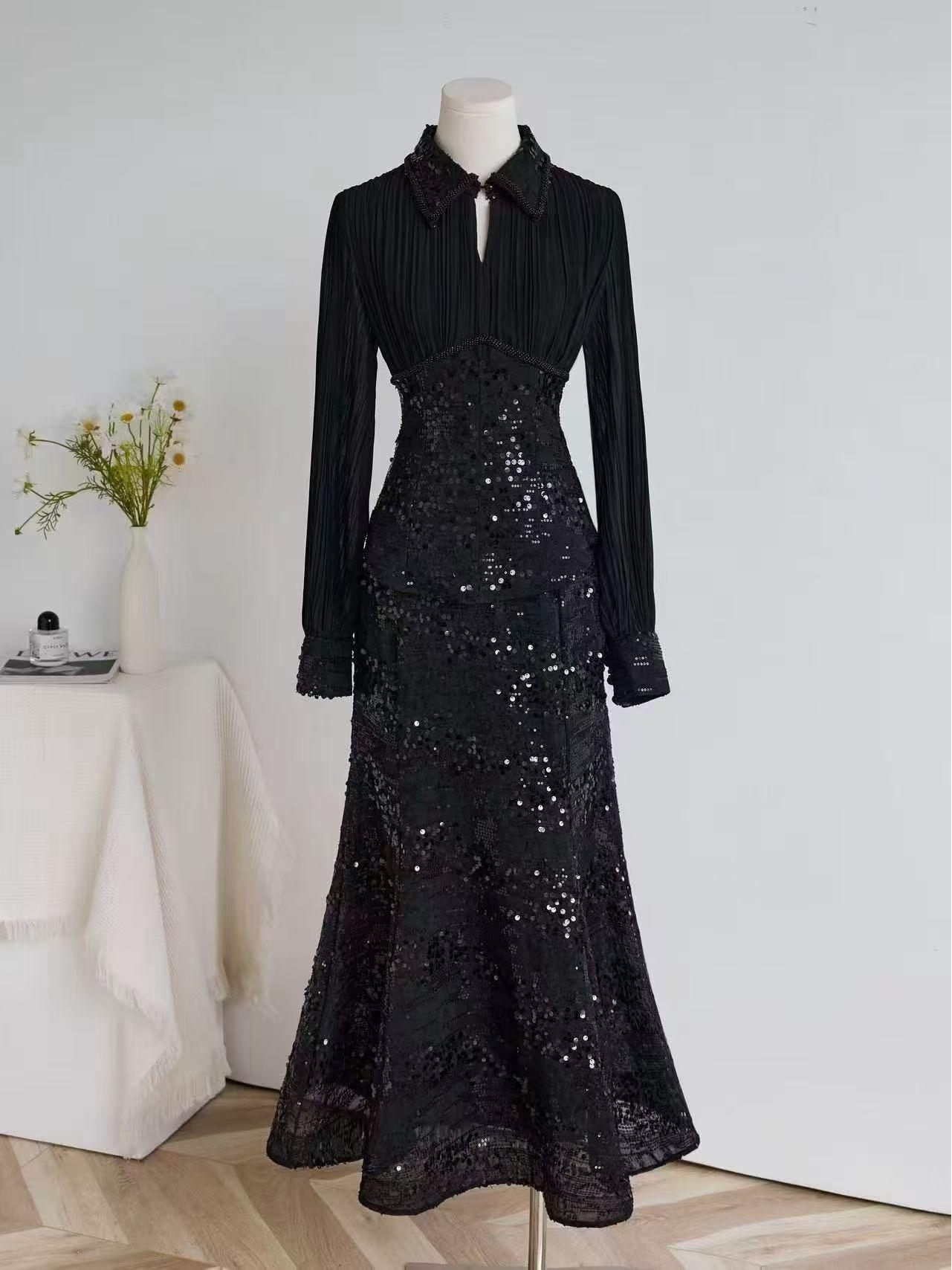 

Silk Pleated Shirt with Ruched Waist + Sequined Mermaid Skirt - New Fashion Runway Collection S чёрный