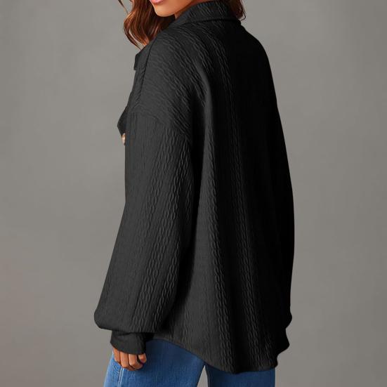 Camicia da donna con risvolto, manica lunga, tasca con patta, monopetto, tinta unita, trama intrecciata, vestibilità oversize, giacca