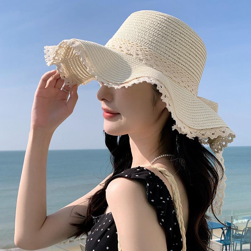 Summer Straw Hat Women's New Wave Lace Sunshade Hat Beach Vacation Travel Face Covering Sun Hat