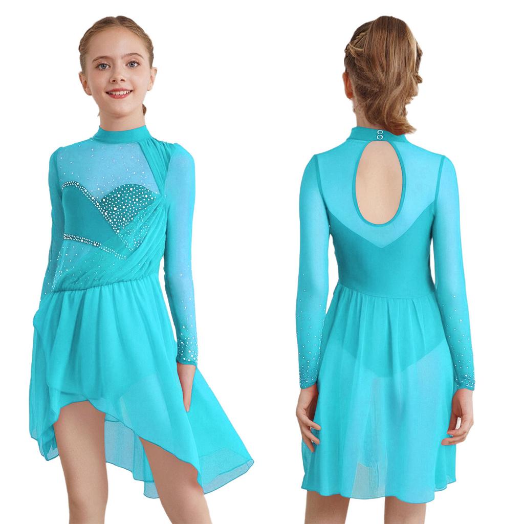 Girls Figure Skating Dance Dress: Sheer Mesh Patchwork Long Sleeves Mock Neck Keyhole Back Rhinestones Irregular Hem with Built-in Briefs