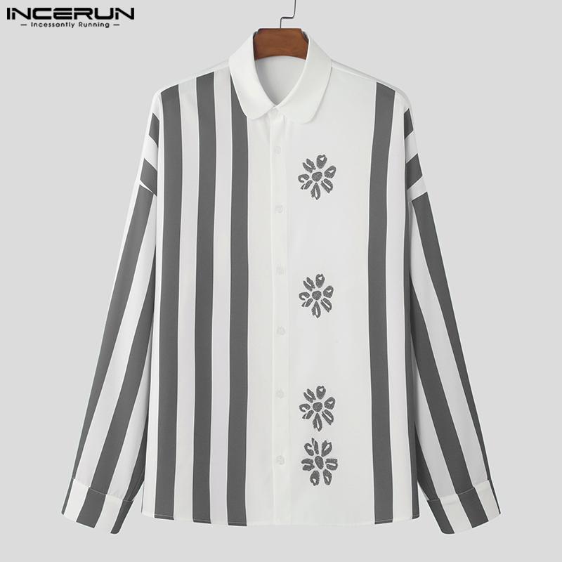 INCERUN Spring Men Long Sleeve Casual Shirts Floral Striped Patchwork Tops