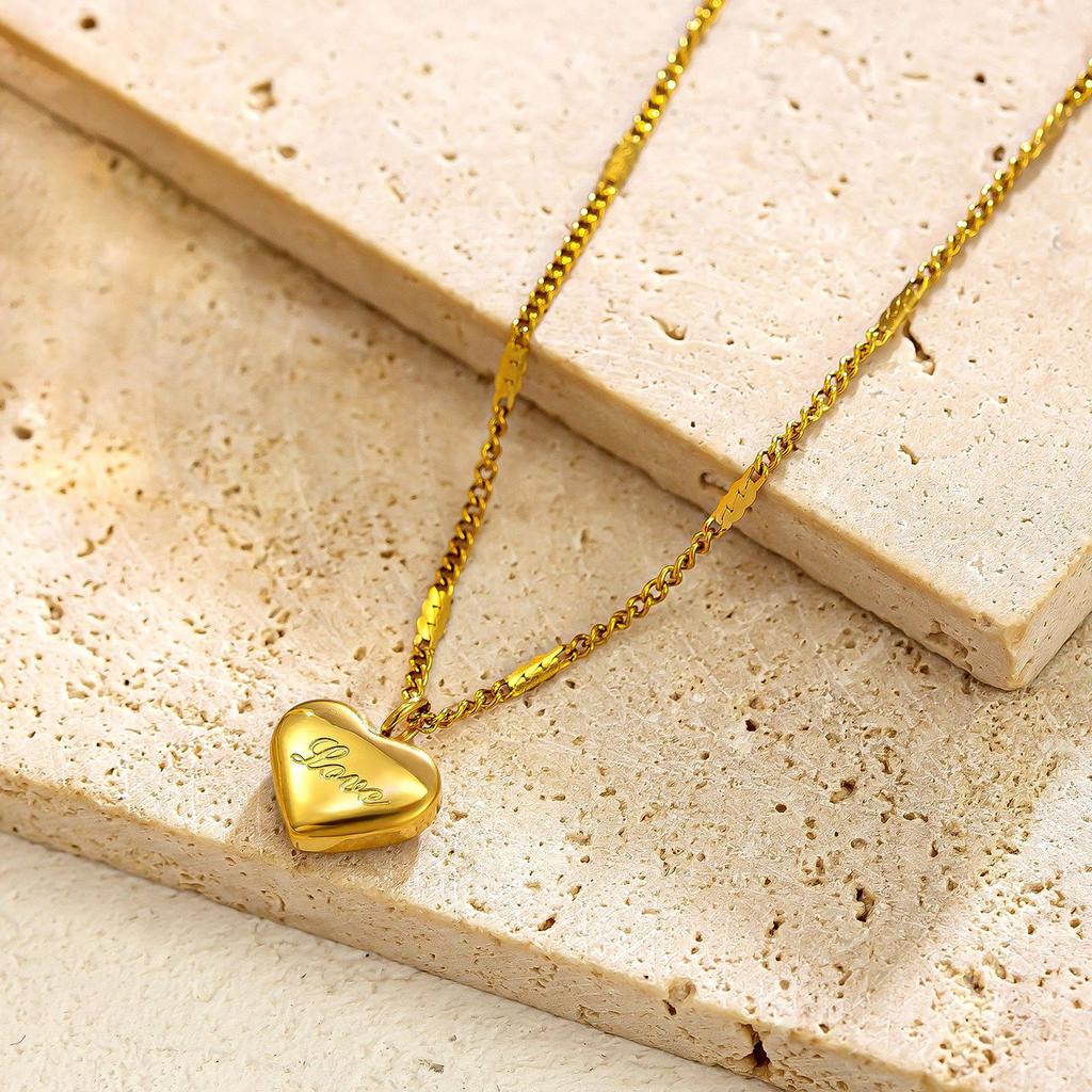 Engraved LOVE Heart Pendant Necklace for Women- 18K Gold Plated Stainless Steel Jewelry, Romantic Anniversary Gifts for Girl