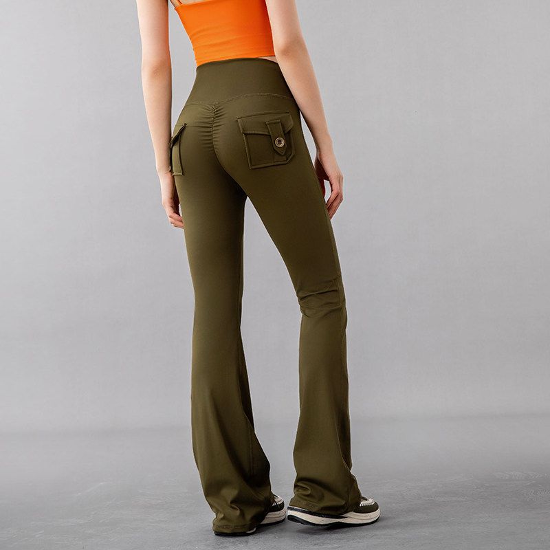 Workwear-Style Pocket Peach Butt Yoga Pants for Women, Flared, High-Waisted, Elastic, Butt-Lifting, Quick-Dry, Running, Fitness Pants Army Green L
