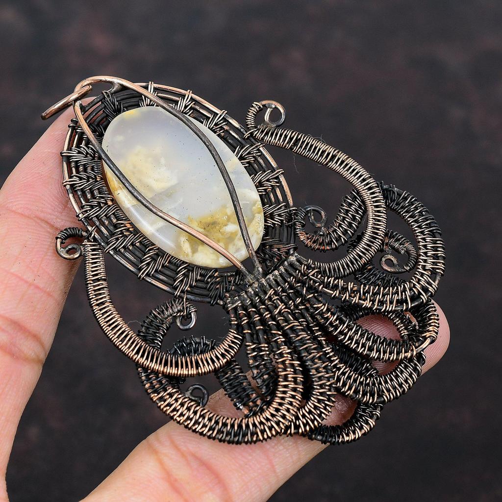 Plume Agate Pendant Copper Wire Wrapped Pendant Gemstone Octopus Jewelry Dainty Pendant Handmade Pendant Copper Wire Jewelry Engagement Gift
