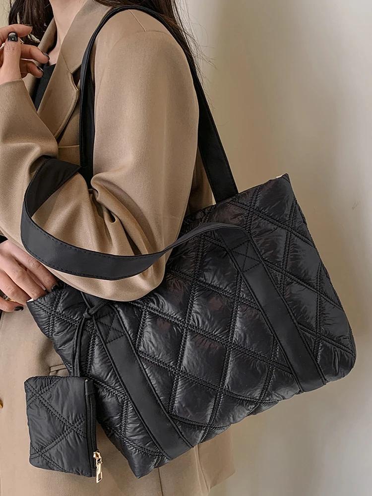 Diamond Lattice Women's Shoulder Bag Large Capacity Ladies Tote Bags Soft Cloth Female Portable Underarm Bag Commute Handbags