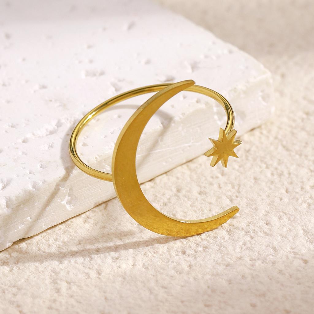 High-End Stainless Steel Open Ring European American Asymmetric Star Moon Design Feminine Temperament Versatile Daily Women Finger Ornament