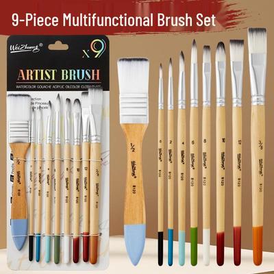 9-Piece Nylon Oil Painting Brush Set with Wooden Handles for Art Students, Watercolor, and Gouache.