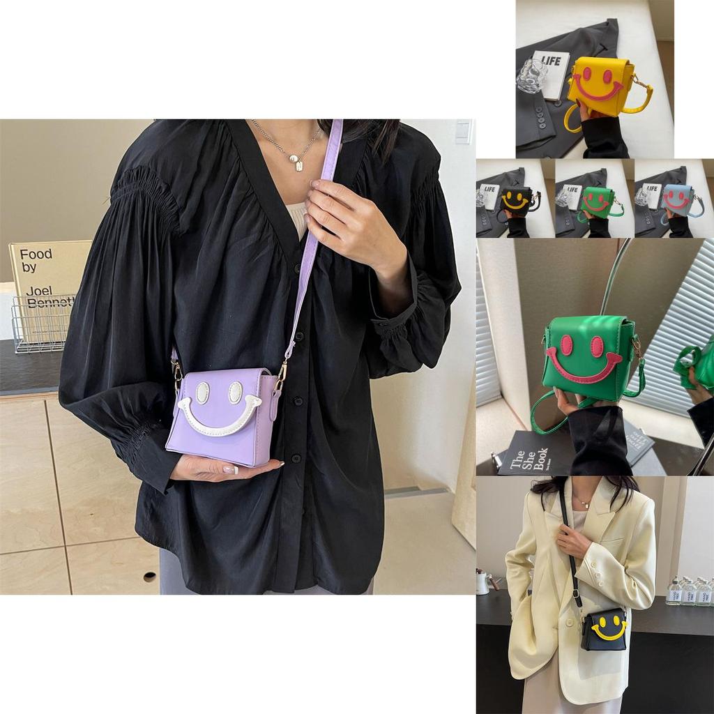 Cute Small Smile Face Color Block Pu Shoulder Bag With Magnetic Closure