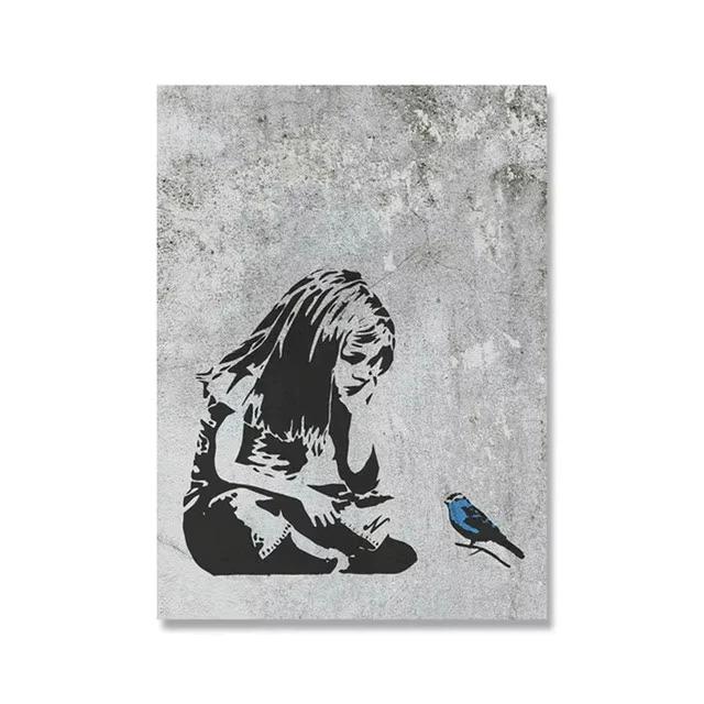 Graffiti Artwork Canvas Painting Prints Wall Art Pictures Girl with Red Balloon Black White Posters Nordic Home Decor