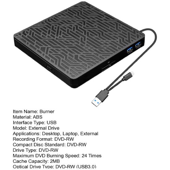 Optical Disc Burner USB 3.0 External DVD Drive 2MB CD-ROM Player Compatible with SD/TF Card DVD Player for PC Windows Laptop Desktop