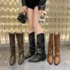 Fashion Comemore Woman Cowgirl Long Boots Fashion Slip on Ladies Elegant Square Heel Knight Botas Shoes Retro Women's Thigh High Boots