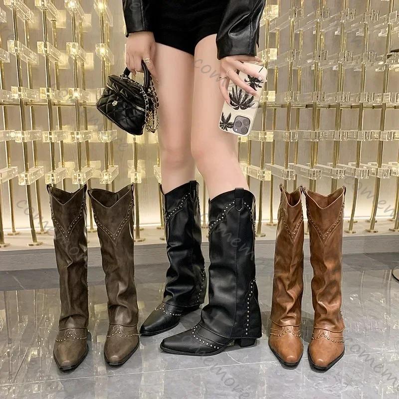 Fashion Comemore Woman Cowgirl Long Boots Fashion Slip on Ladies Elegant Square Heel Knight Botas Shoes Retro Women's Thigh High Boots