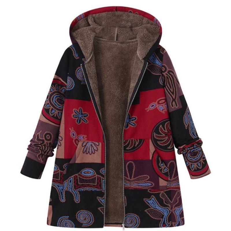 Damen Winterjacke mit Kapuze, warm, mit Reißverschluss, lange Ärmel, Fleece, Vintage-Stil, Mantel