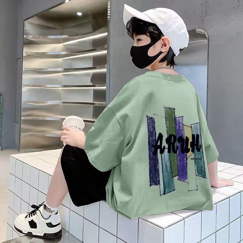 

Мальчиковая футболка с коротким рукавом для лета Свободная и красивая С принтом мультяшного героя Топ с рукавом до локтя для детей 170 зелёный