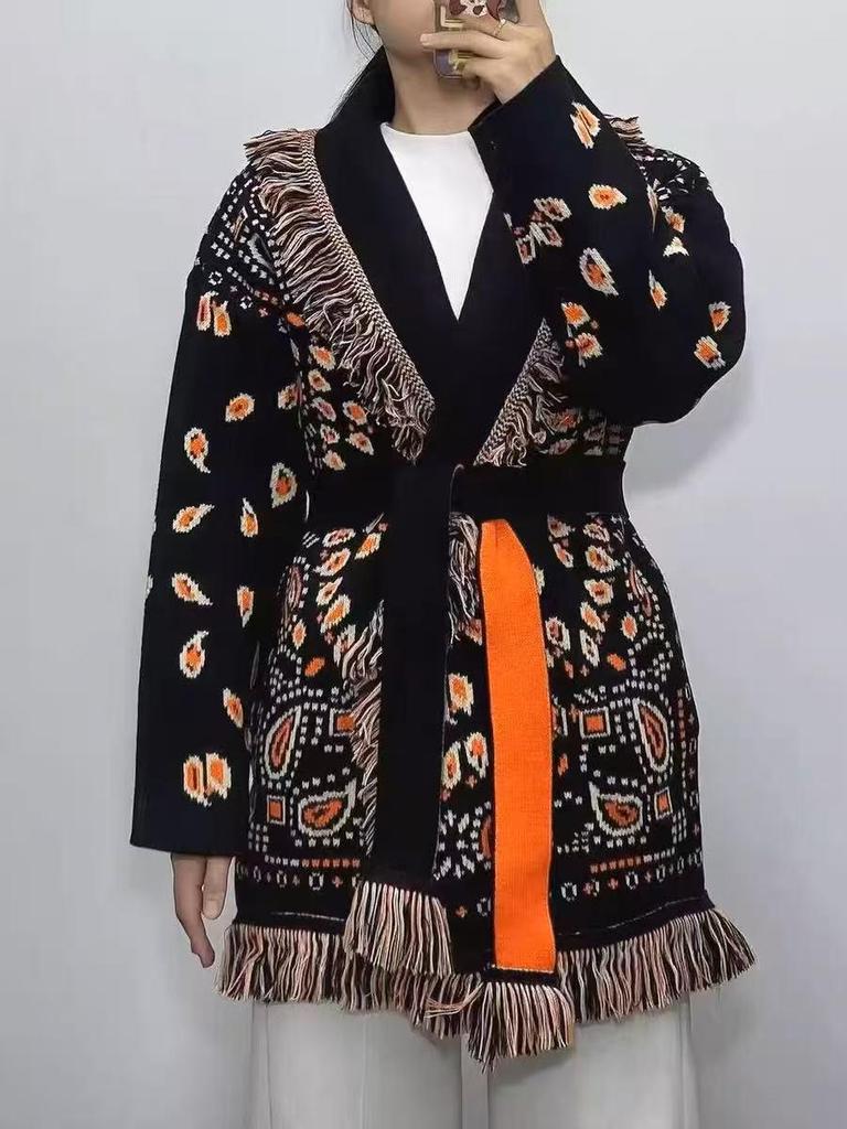 European & American Thick Knit Tassel Cardigan - Autumn/Winter Medium-Long Loose Jacquard Wool Sweater Coat