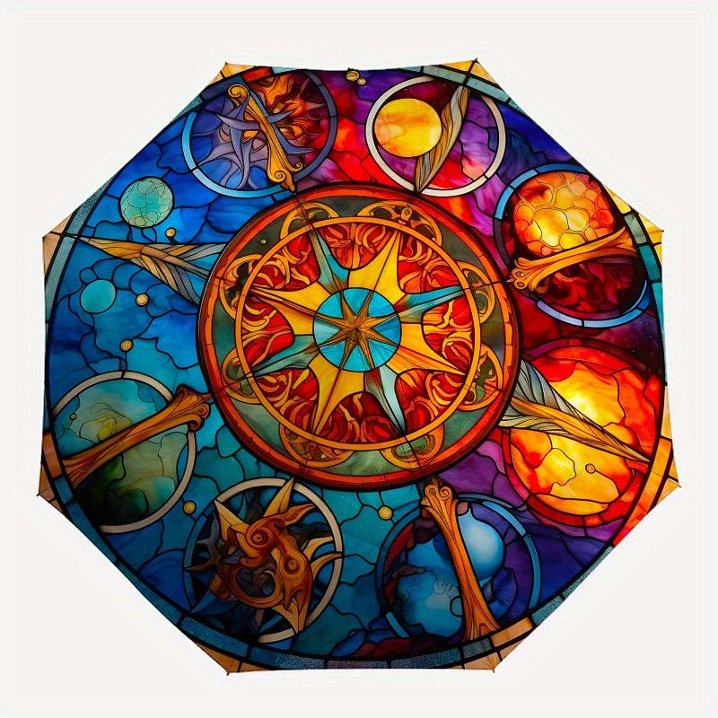 Stained Glass Celestial Wheel Artwork - Vibrant Wall Decor Umbrella, Christmas Gift Y142
