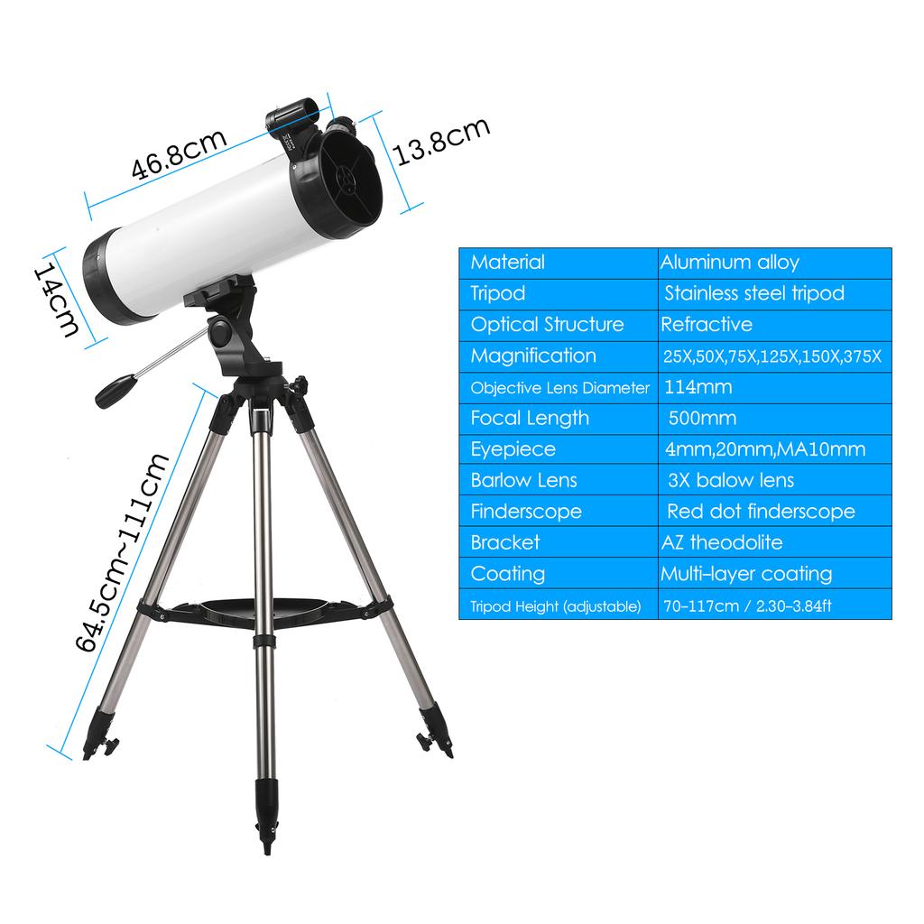 375X Astronomical Telescope High Power Monocular Telescope Refractor Spotting Scope with Retractable Tripod 3X Barlow Lens Tool