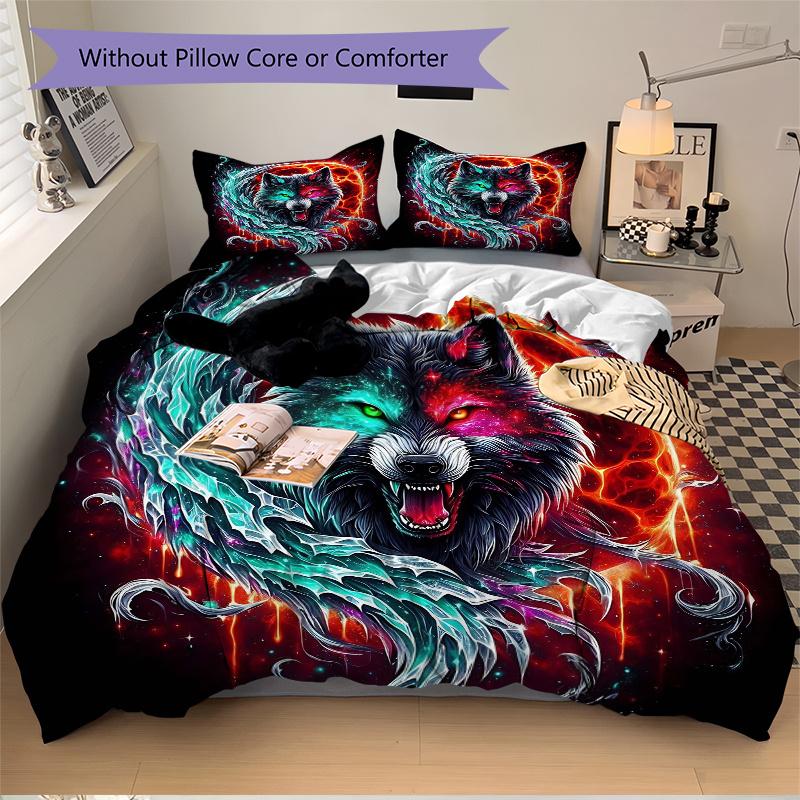 3pcs Galactic Wolf Print Bedding Set (1 Cover + 2 Pillowcases, Without Inserts), This Printed Bedding Set is Soft and Comfortable, Suitable for U