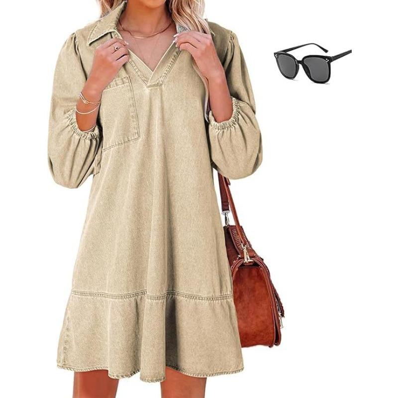 European and American foreign trade denim dress new loose top group casual V-neck seven-point bubble sleeves
