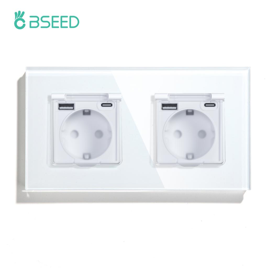 BSEED  1/2/3Gang Touch Light Switch 1Way EU Type-c USB Sockets With Waterproof Cover For Bathroom Outdoor Glass Panel White