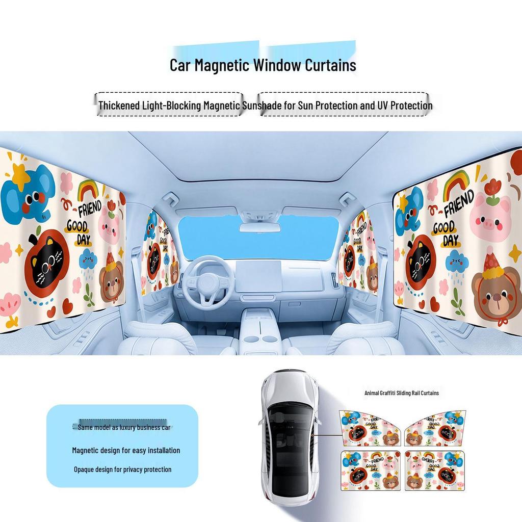 Car Magnetic Sun Shade: Cartoon Interior Children's Blackout Curtain for Summer Heat and Sun Protection.