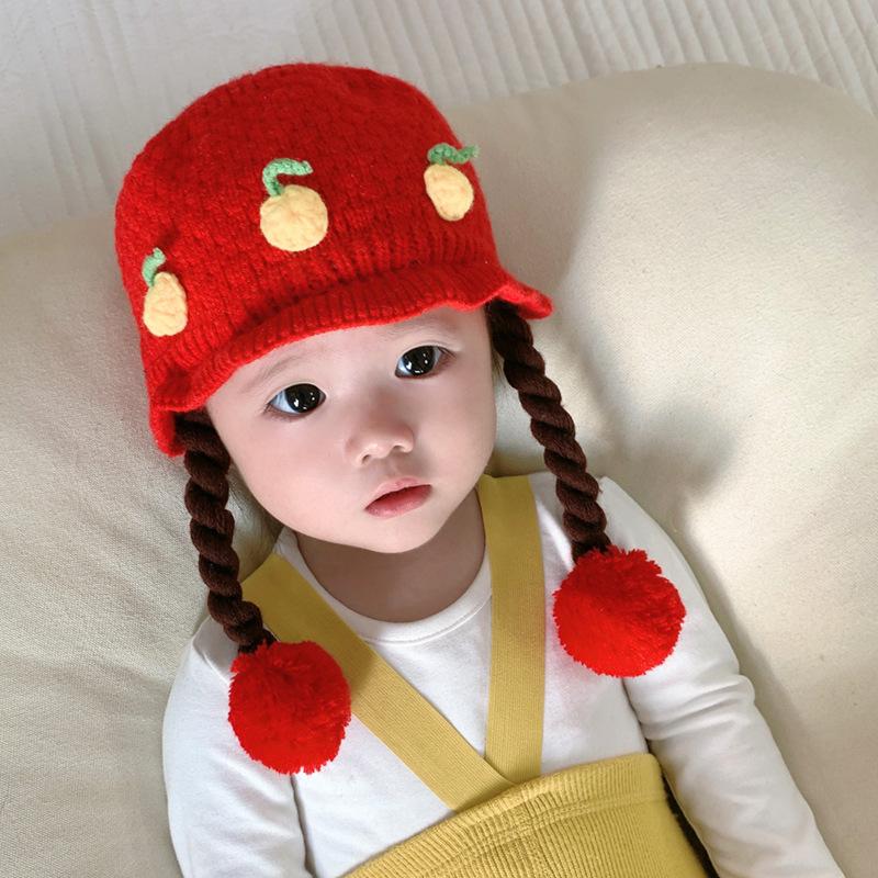 Knitted Princess Hat Cute Cartoon Cherry Wig Braid Winter Ear Protection Warm Windproof Hat For Party