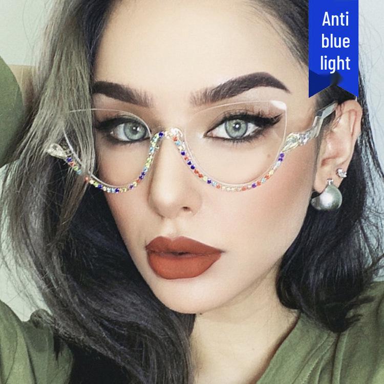 2022 Retro Rhinestone Semi-Rimless Anti-Blue Light Glasses - European & American Style Trend