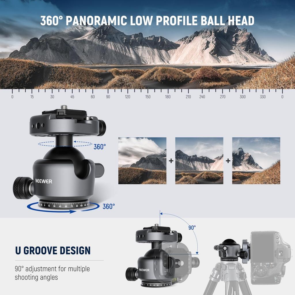 NEEWER GM41 Ball Low Center of Gravity Ball Tripod Rotation Includes 40mm Metal Panoramic Camera Mount Adapter QR Compatible with Peak Design Capture