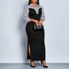 Women's Striped Patchwork Collared V Neck Long Sleeve Bodycon Maxi Dress Casual Dress