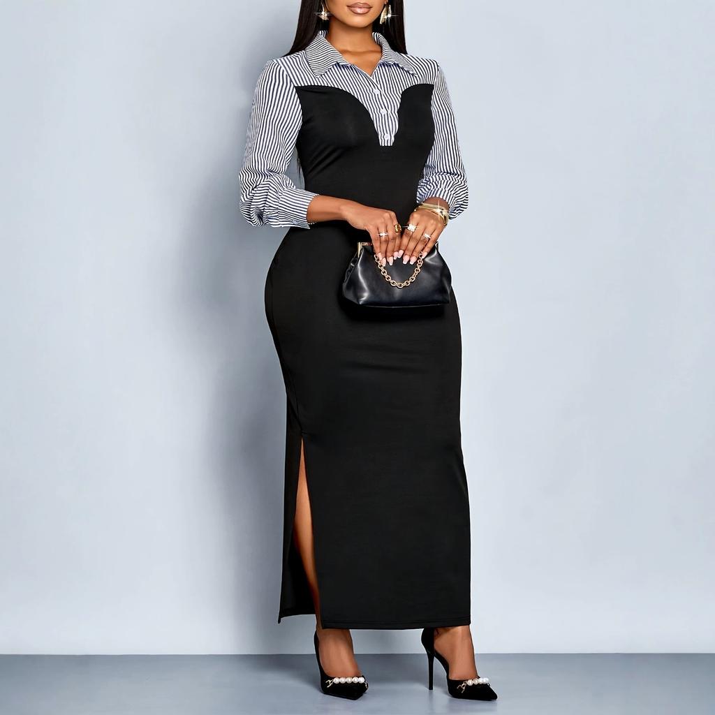 Women's Striped Patchwork Collared V Neck Long Sleeve Bodycon Maxi Dress Casual Dress