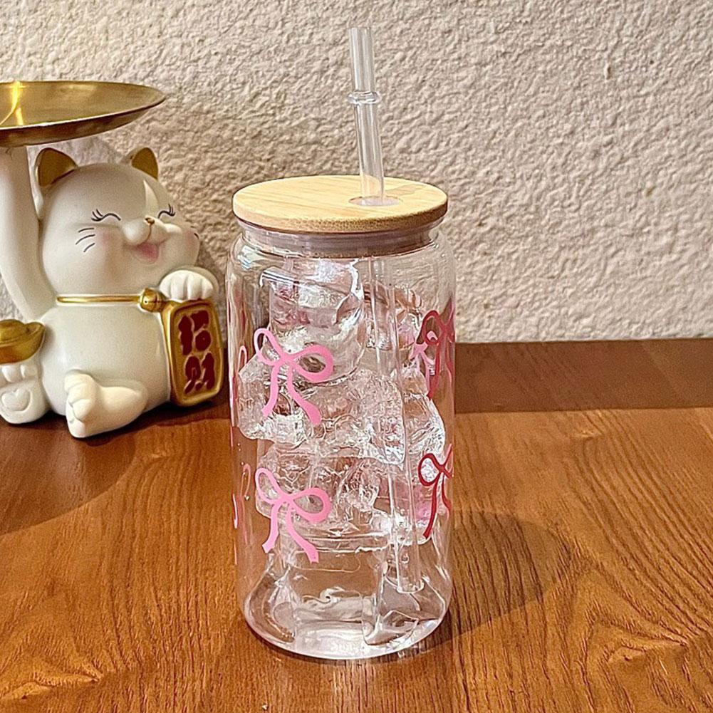 500Ml Pink Cute Bow Print Water Bottle Drinking Can Iced Hot Coffee Juice Plastic Cup Pink Bowknot Tumbler Cup