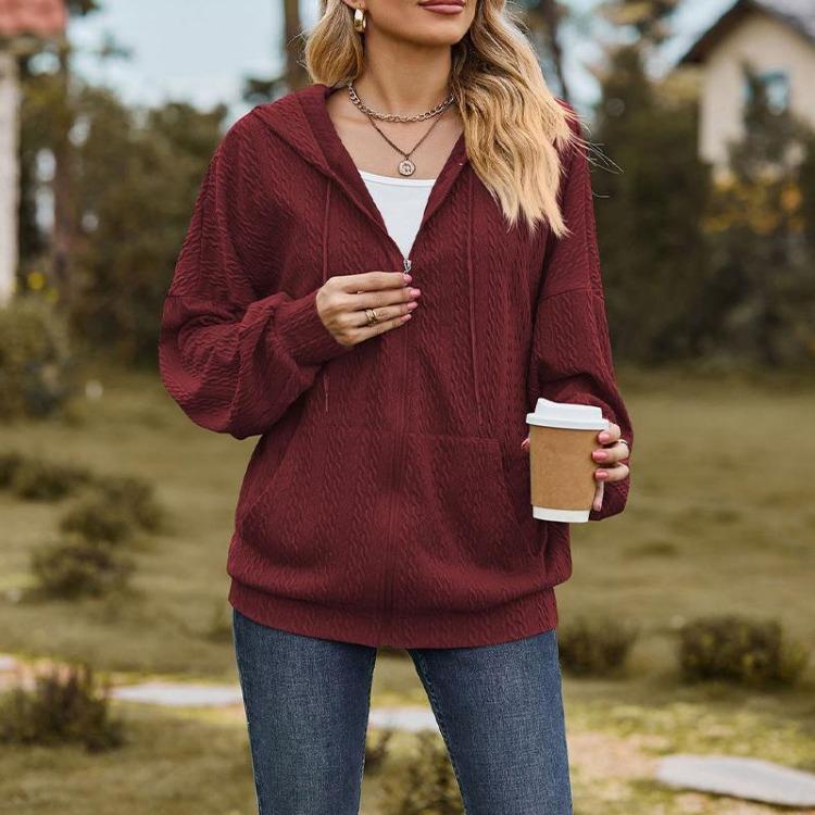 Women's Solid Color V-neck Zipper Loose Long Sweatshirt Jacket