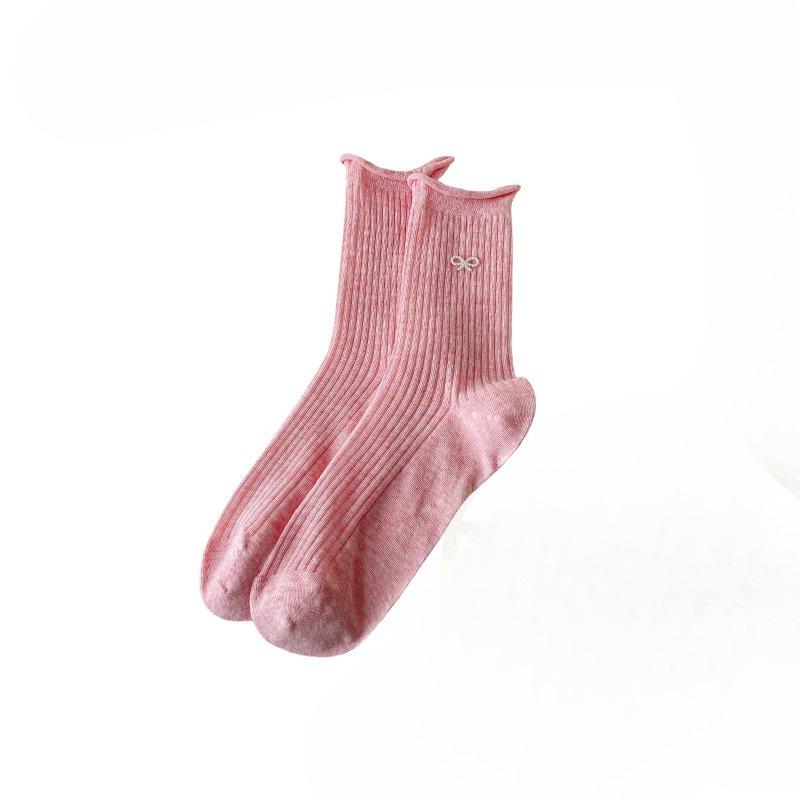 Women's Spring and Summer Ultra-thin Pearl Bow Lovely Curled Edge Wicking Sweat Breathable Tube Cotton Socks